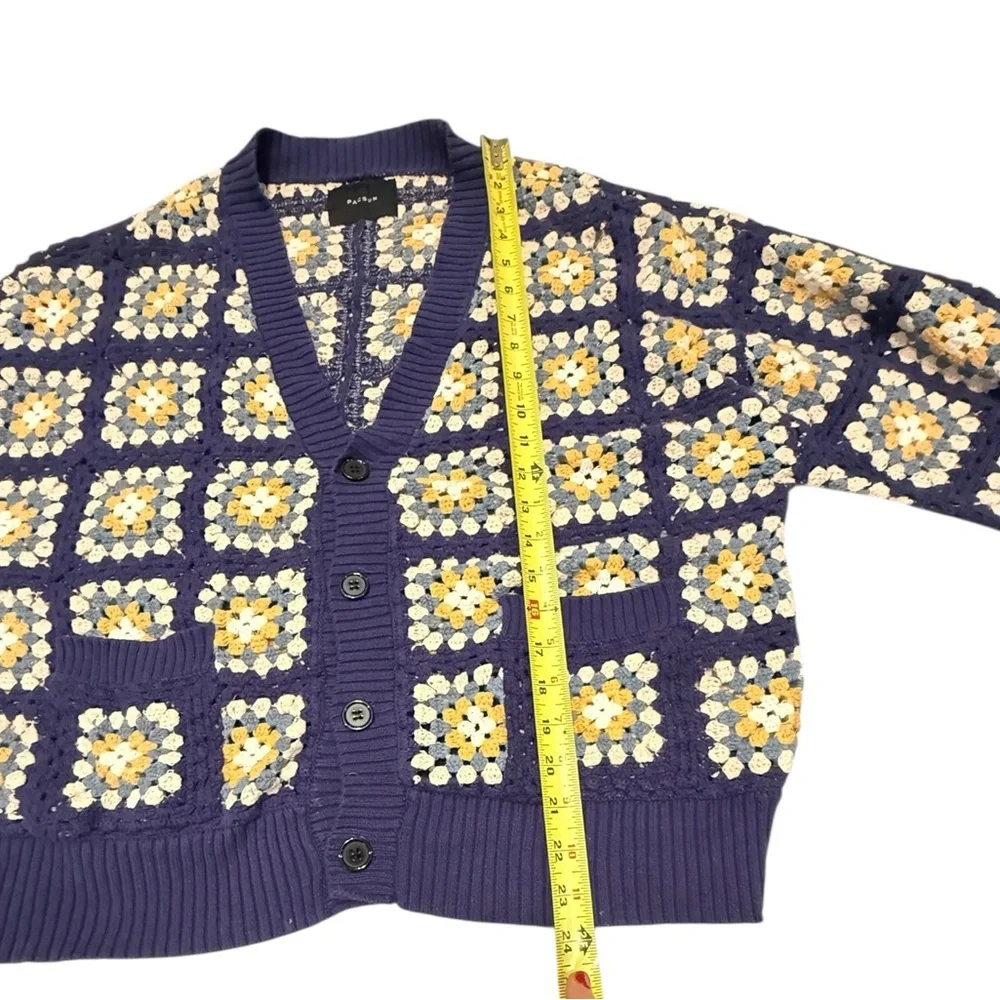 PacSun Estate Cardigan Crochet Granny Square V-Neck Button Down Sweater Navy - Picture 12 of 13